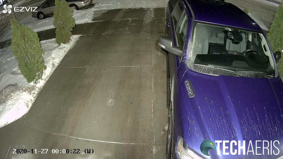 Sample night image with floodlights on from the EZVIZ LC1C Smart Security Light Camera