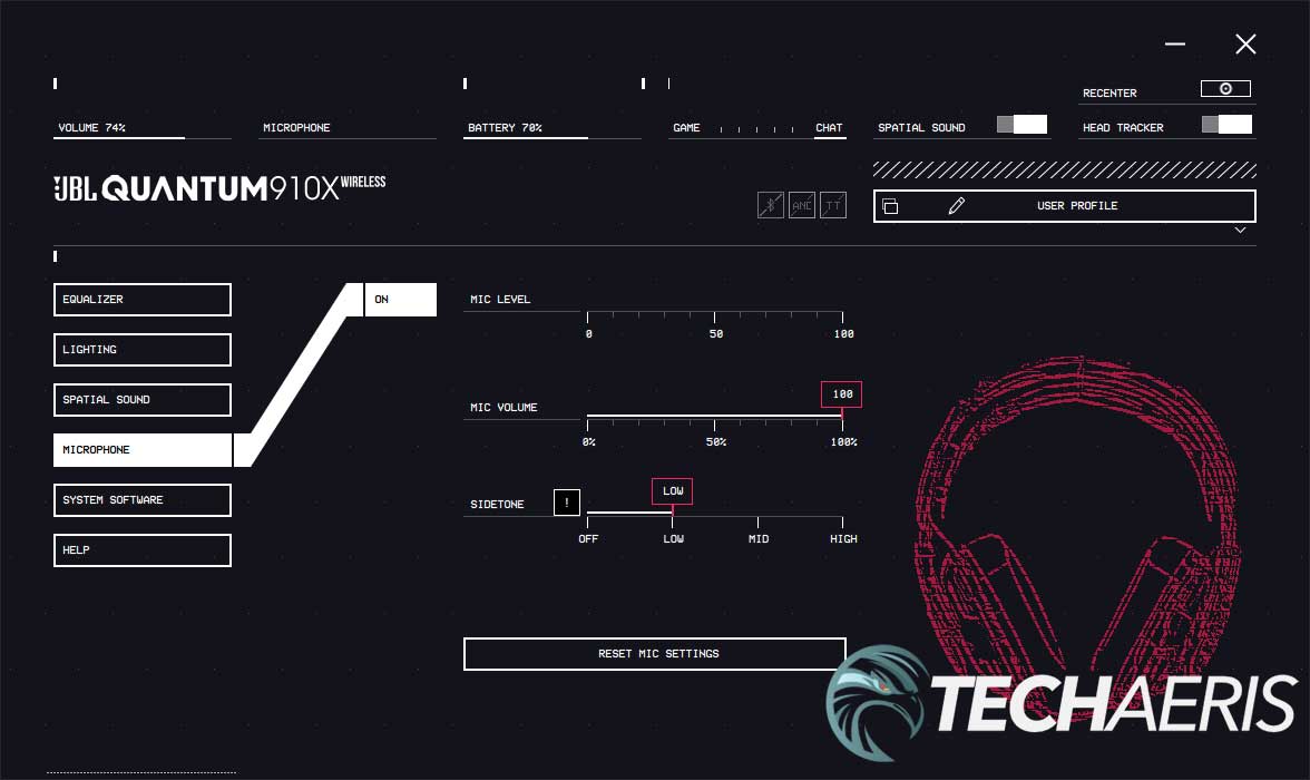 The JBL QuantumENGINE app for the Quantum 910X Wireless gaming headset