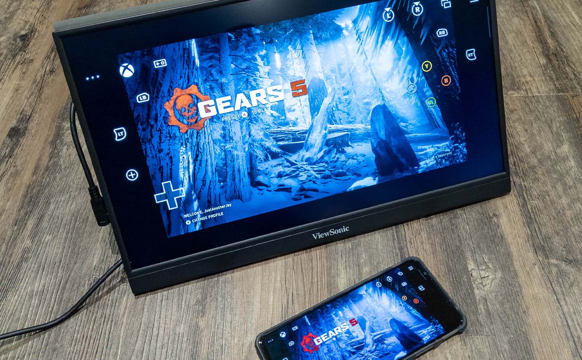 The ViewSonic VX1755 Portable Gaming Monitor connected to an Android smartphone