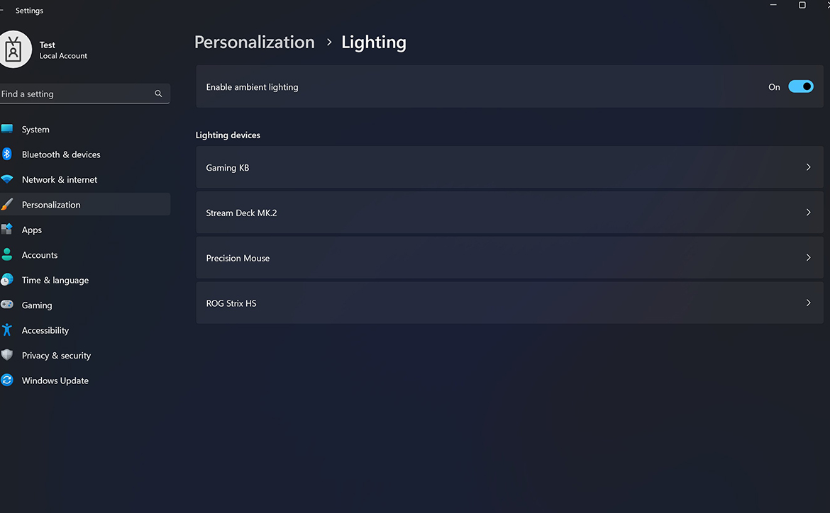 Screenshot show Windows 11 RGB settings screen in a preview build